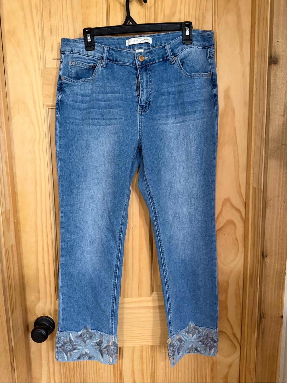 Embroidered Cuff Light Blue Straight Leg Jeans